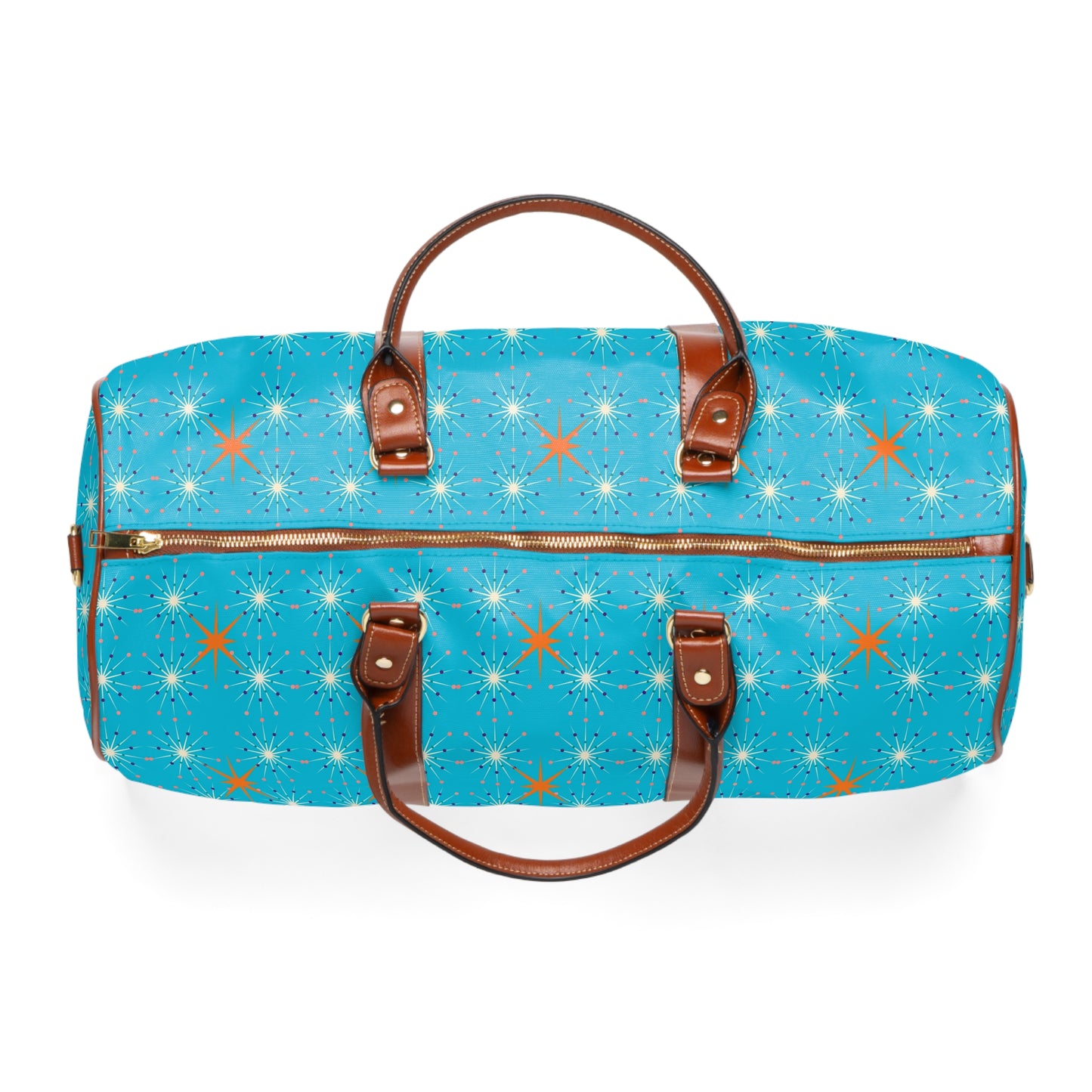 Midcentury Modern Atomic Stars Turquoise Pattern Waterproof Travel Bag