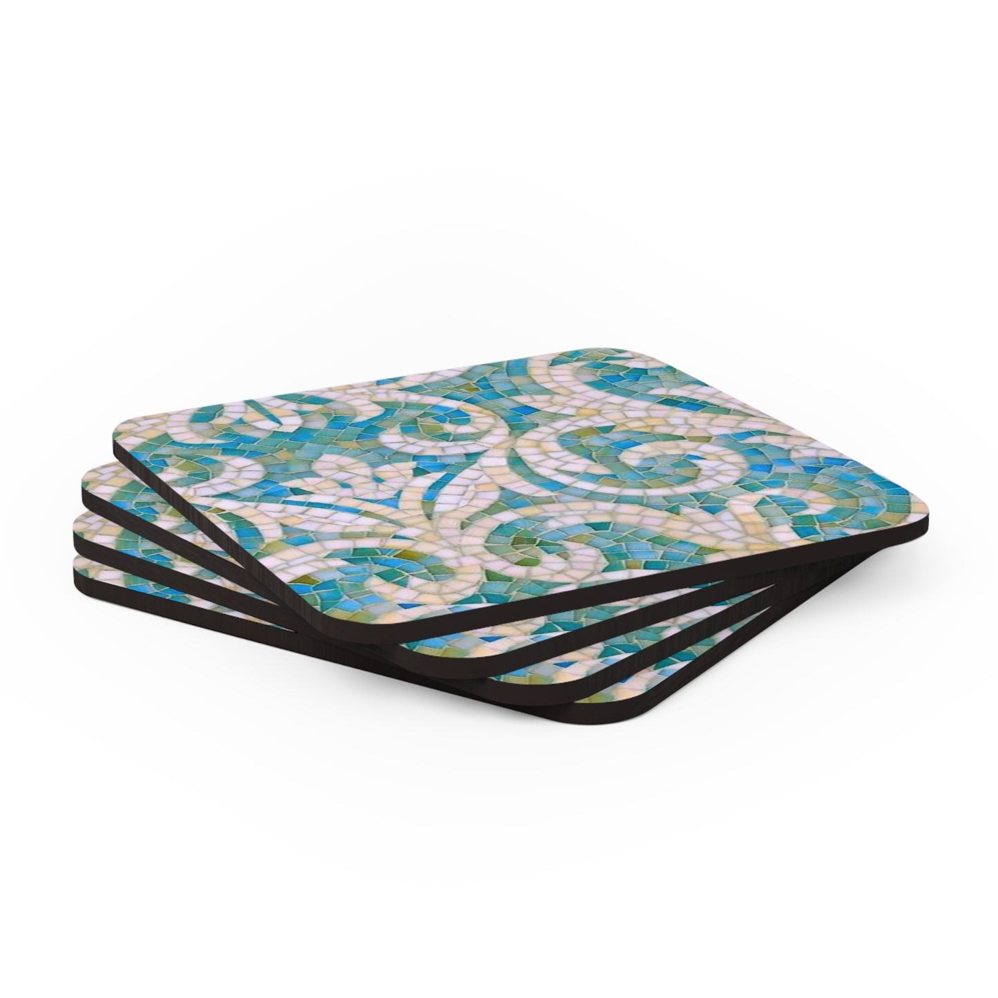 Aqua Mosaic Tile Inlay Cocktail Party Beverage Entertaining Corkwood Coaster Set