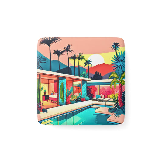 Palm Springs Patio Darling Cocktails Poolside Desert Palm Trees Cactus Midcentury Modern Style Refrigerator Porcelain Magnet, Square