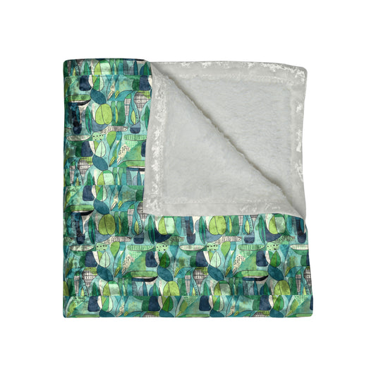 Cubist Garden Midcentury Modern Blue Green Crushed Velvet Blanket