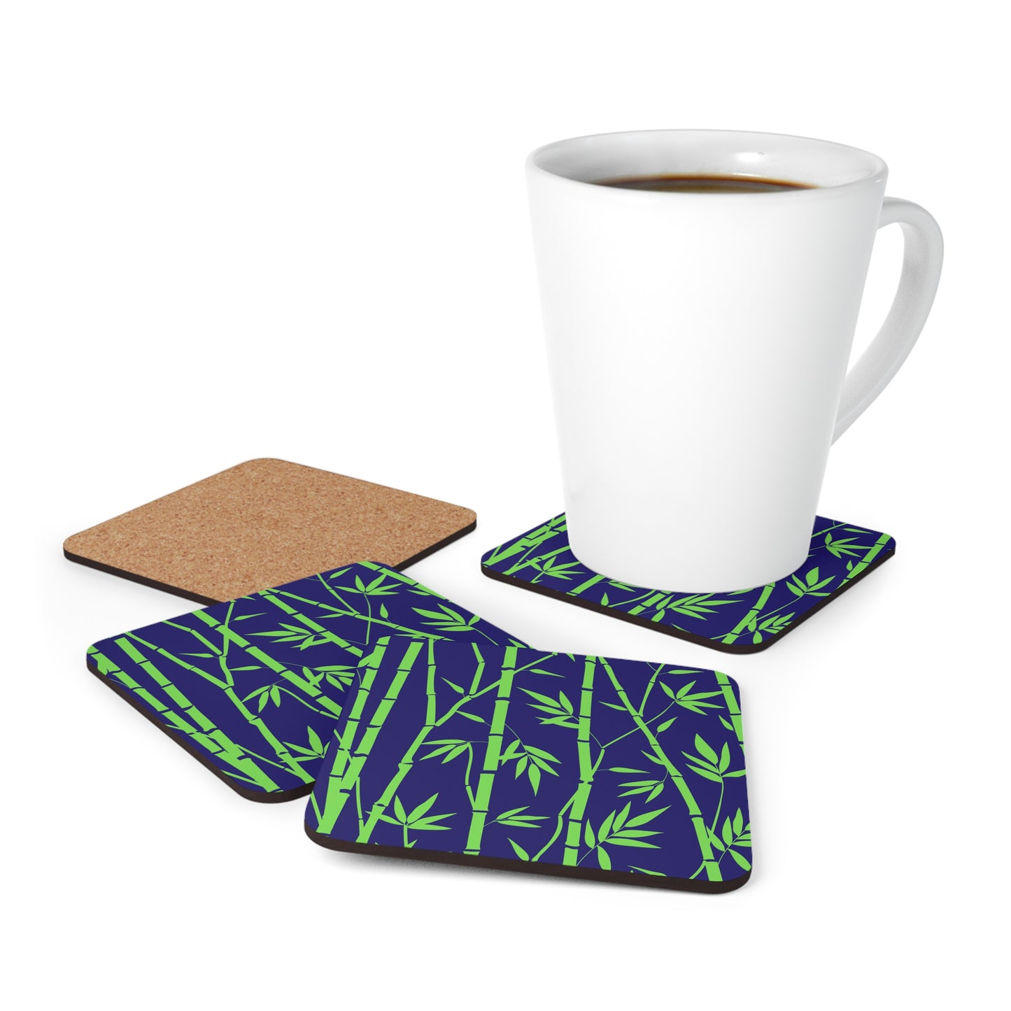 Bamboo Zen Meditation Garden Midnight Blue/Black Cocktail Party Beverage Entertaining Corkwood Coaster Set