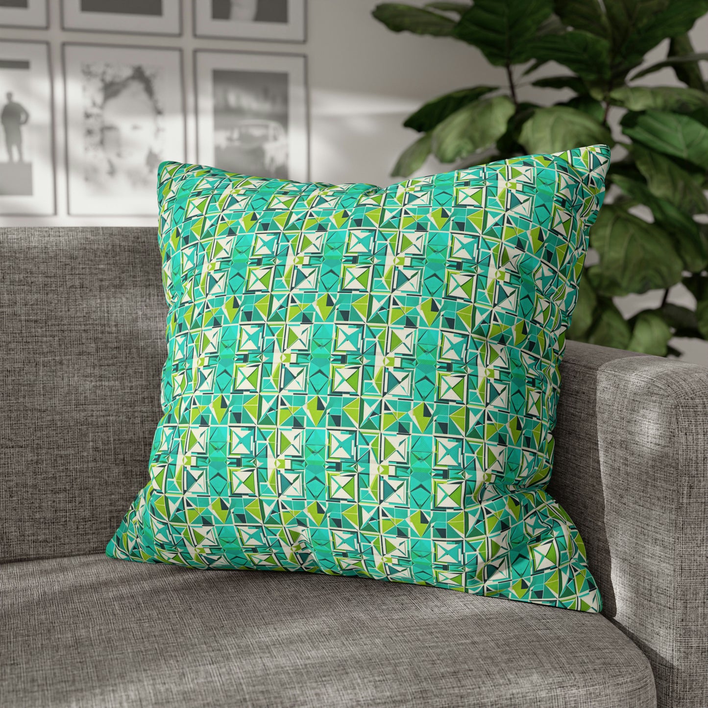 Cancun Vacation Midcentury Modern Tile Coastal Turquoise and Green Geometric Pattern Spun Polyester Pillow Cover