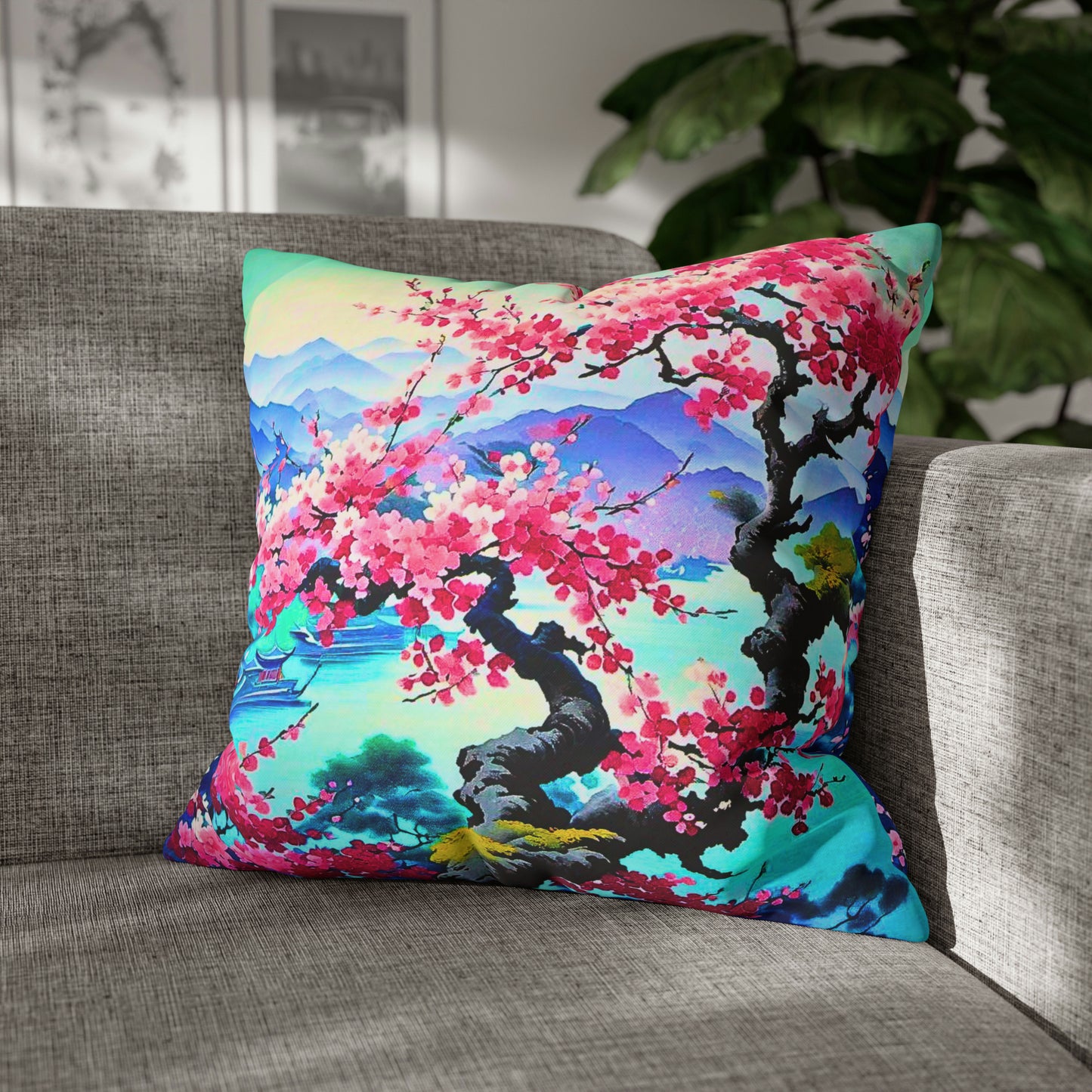 Japanese Mist Cherry Blossom Tree Dream Landscape Decorative Spun Polyester Pillow Cover