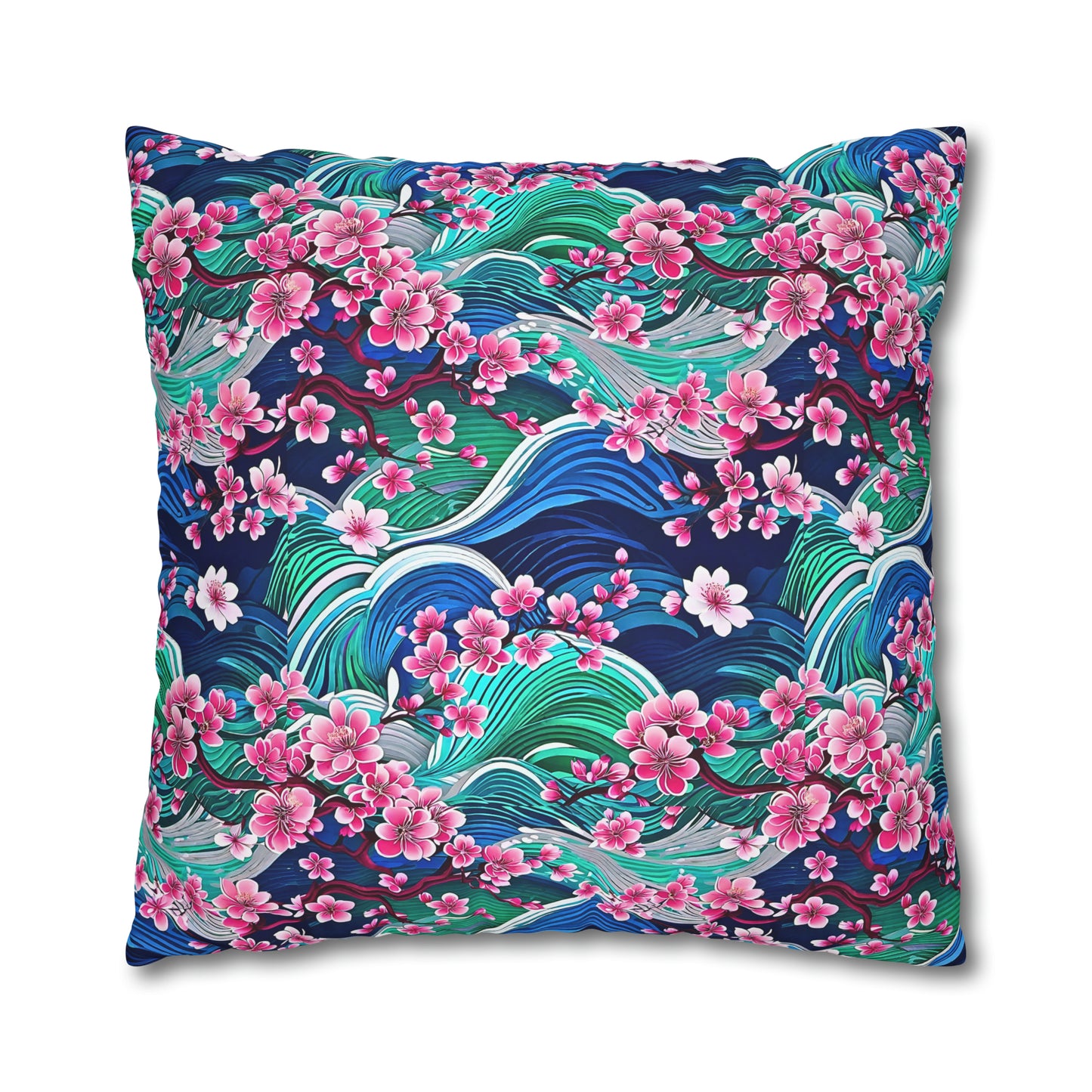 Japanese Mountains Cherry Blossoms Woodblock Pattern Decorative Spun Polyester Pillow Cover