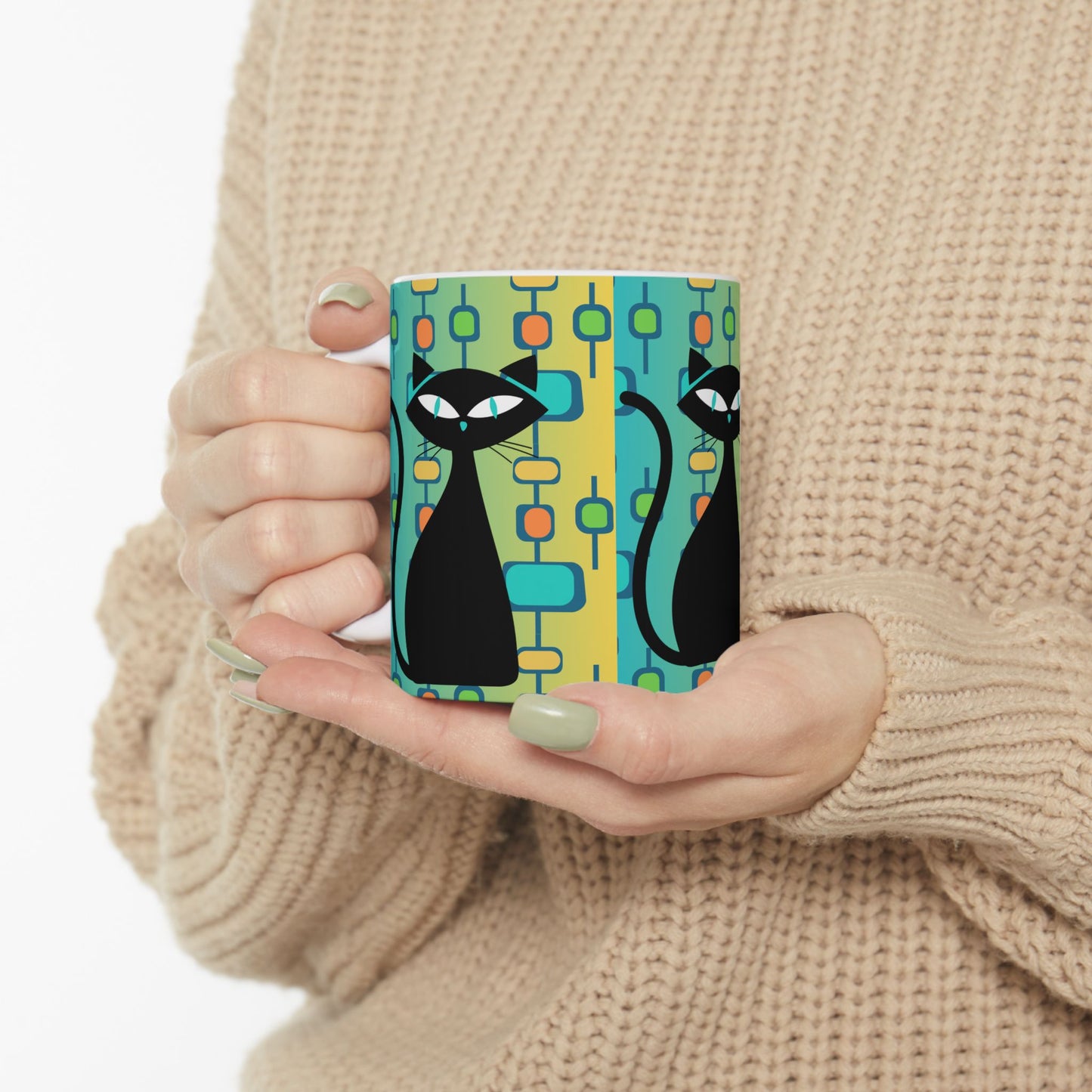 Atom Black Cat Midcentury Modern Hot Beverage Coffee Tea Decorative Ceramic Mug 11oz