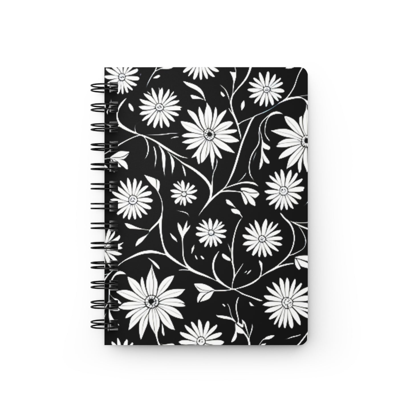 Field of Scandinavian Black and White Daisies 1970s Floral Pattern Writing Sketch Inspiration Spiral Bound Journal
