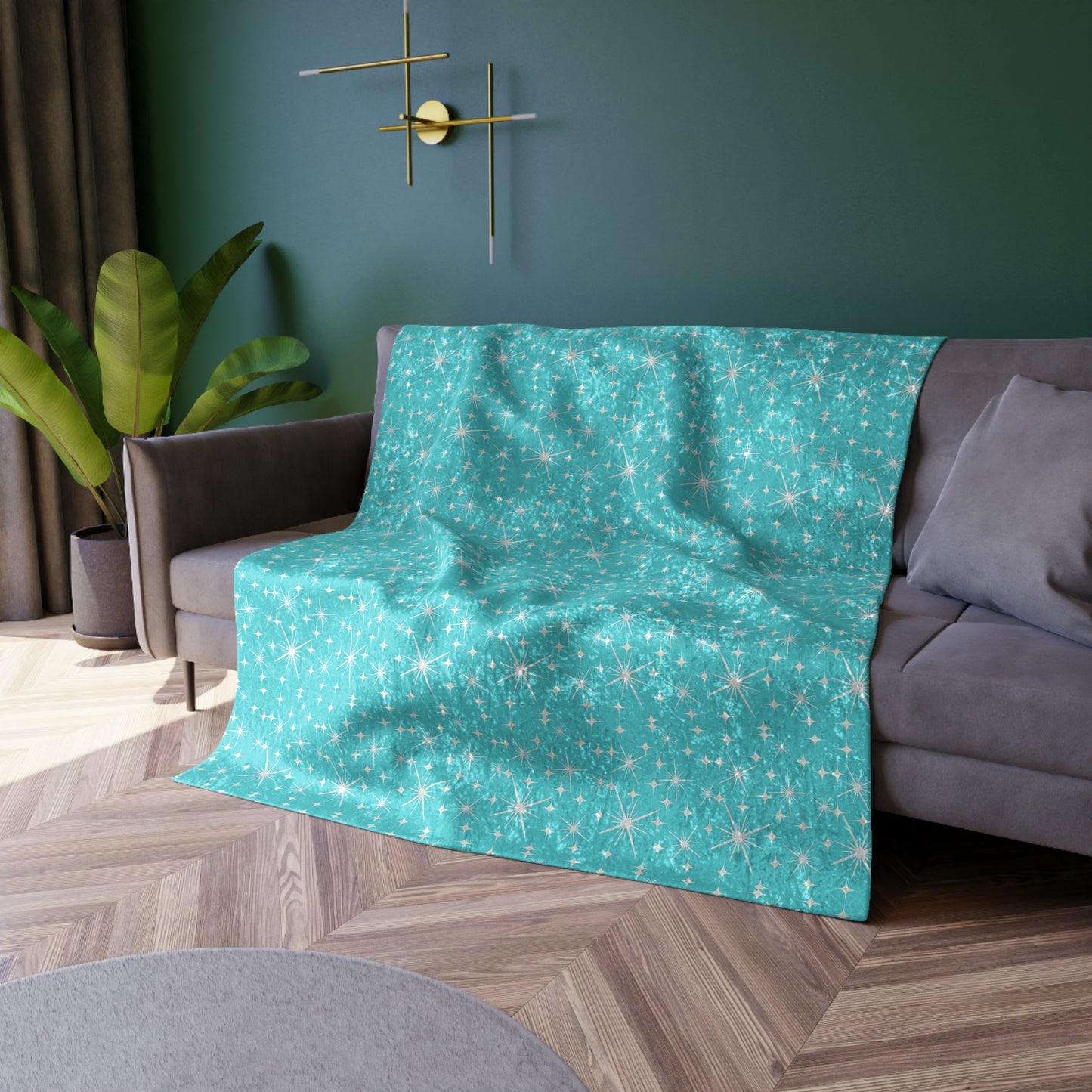 Midcentury Modern Stars Turquoise Warm Cozy Lounge Shimmer Crushed Velvet Blanket
