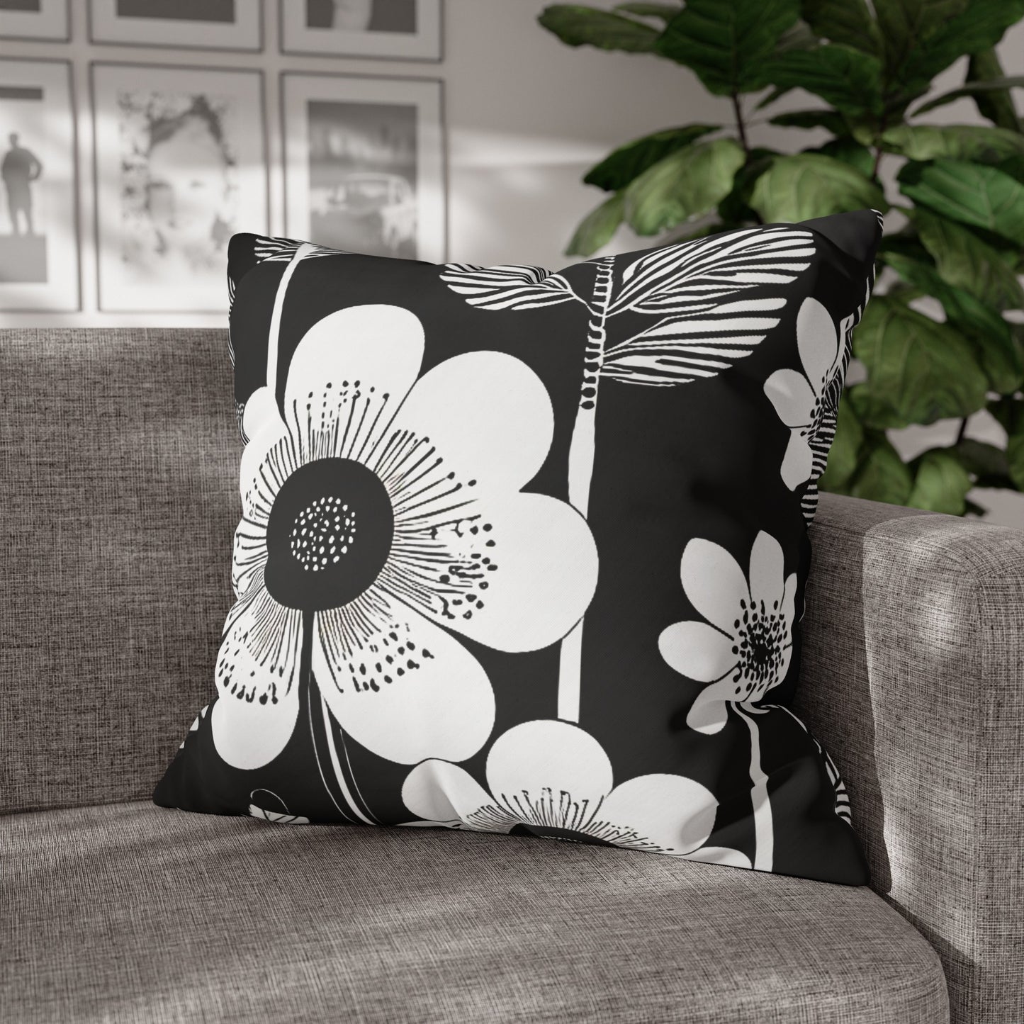 Black and White Poppies Mod Pop Art Decorative Spun Polyester Pillow Cover