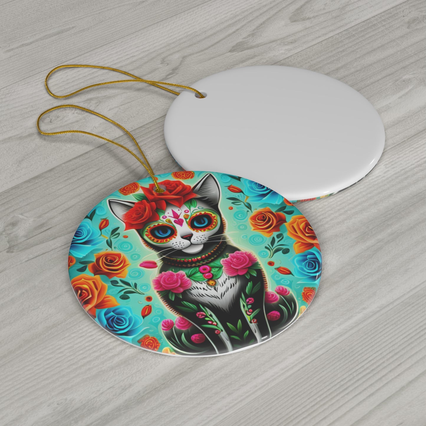 Day of the Dead Black Cat Red Roses Mexican Folklore Hispanic Ceramic Ornament