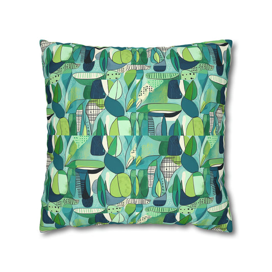 Cubist Midcentury Modern Garden Blue Green Pattern Vintage  Decorative Spun Polyester Pillow Cover