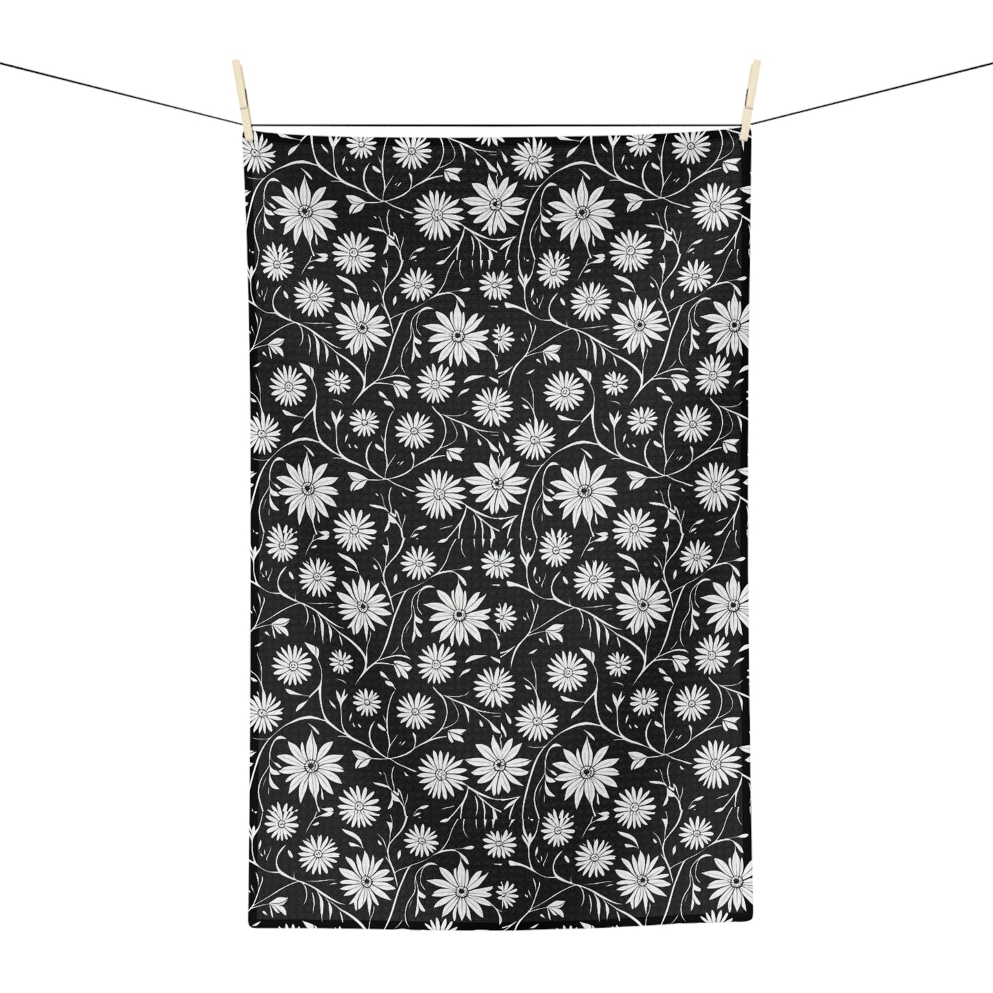 Field of Scandinavian Black and White Daisies 1970s Floral Pattern Decorative Kitchen Waffle Microfiber Tea Towel/Bar Towel