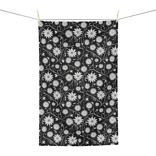 Field of Scandinavian Black and White Daisies 1970s Floral Pattern Decorative Kitchen Waffle Microfiber Tea Towel/Bar Towel