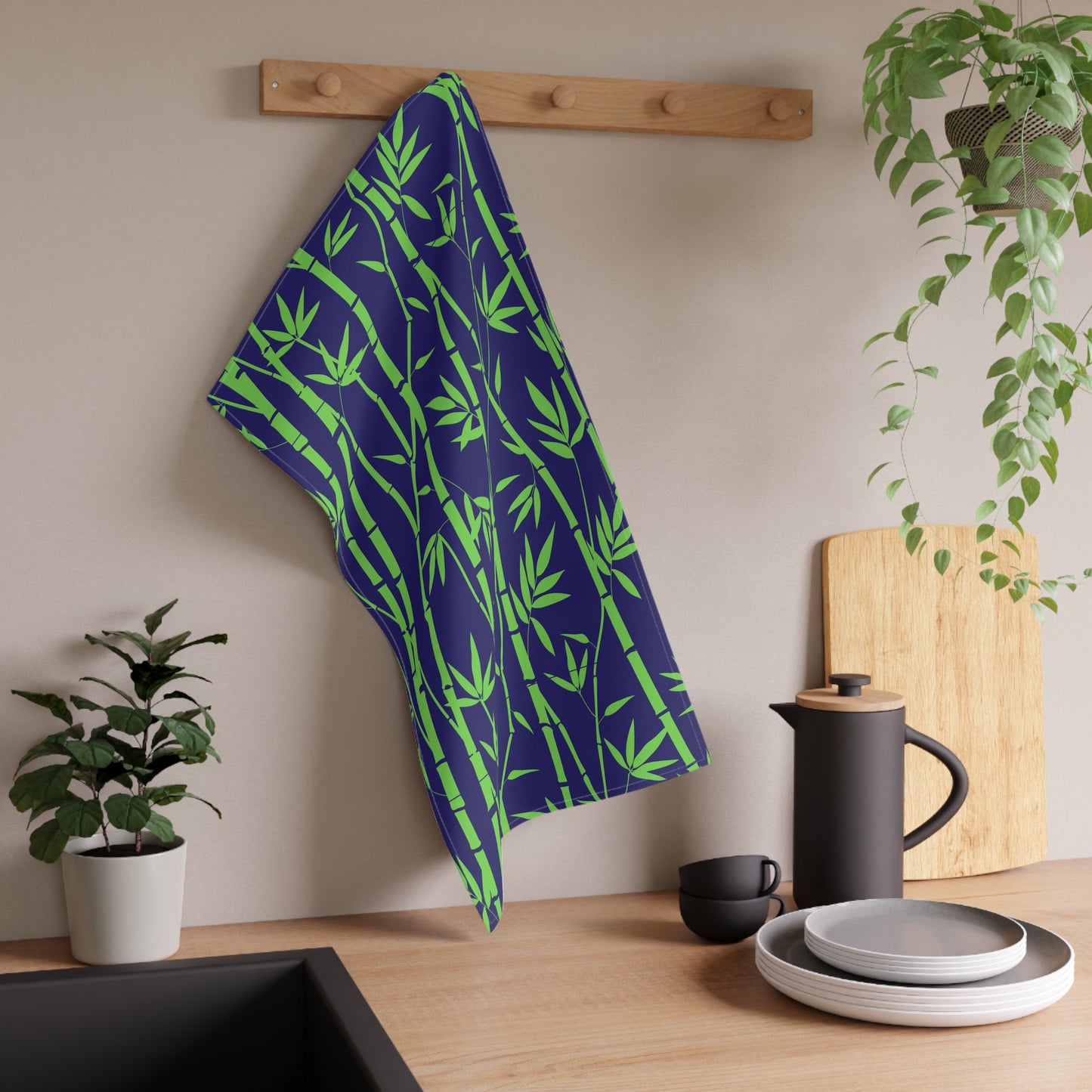 Bamboo Zen Meditation Garden Midnight Blue/Black Decorative Kitchen Tea Towel/Bar Towel