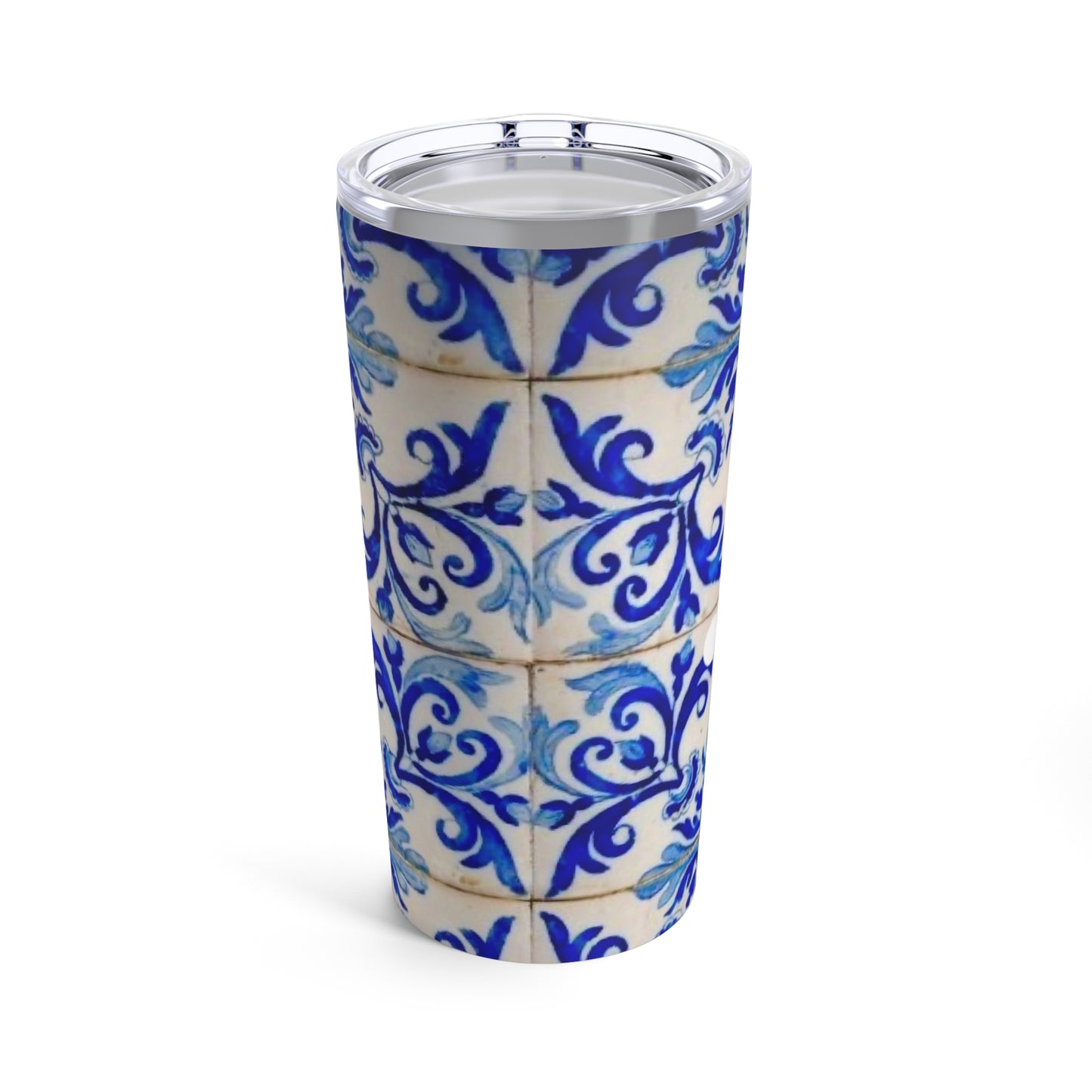 Blue and White Floral European Antique Aged Tile Hot Cold Water Beverage Travel Tumbler 20oz