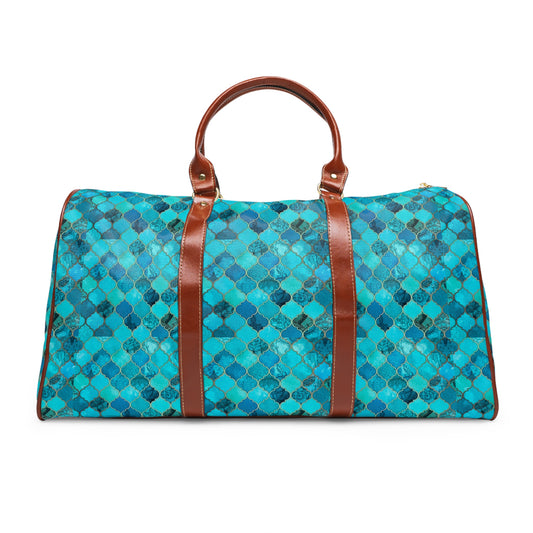Teal and Turquoise Arabesque Tile Marrakech Moroccan Waterproof Travel Bag