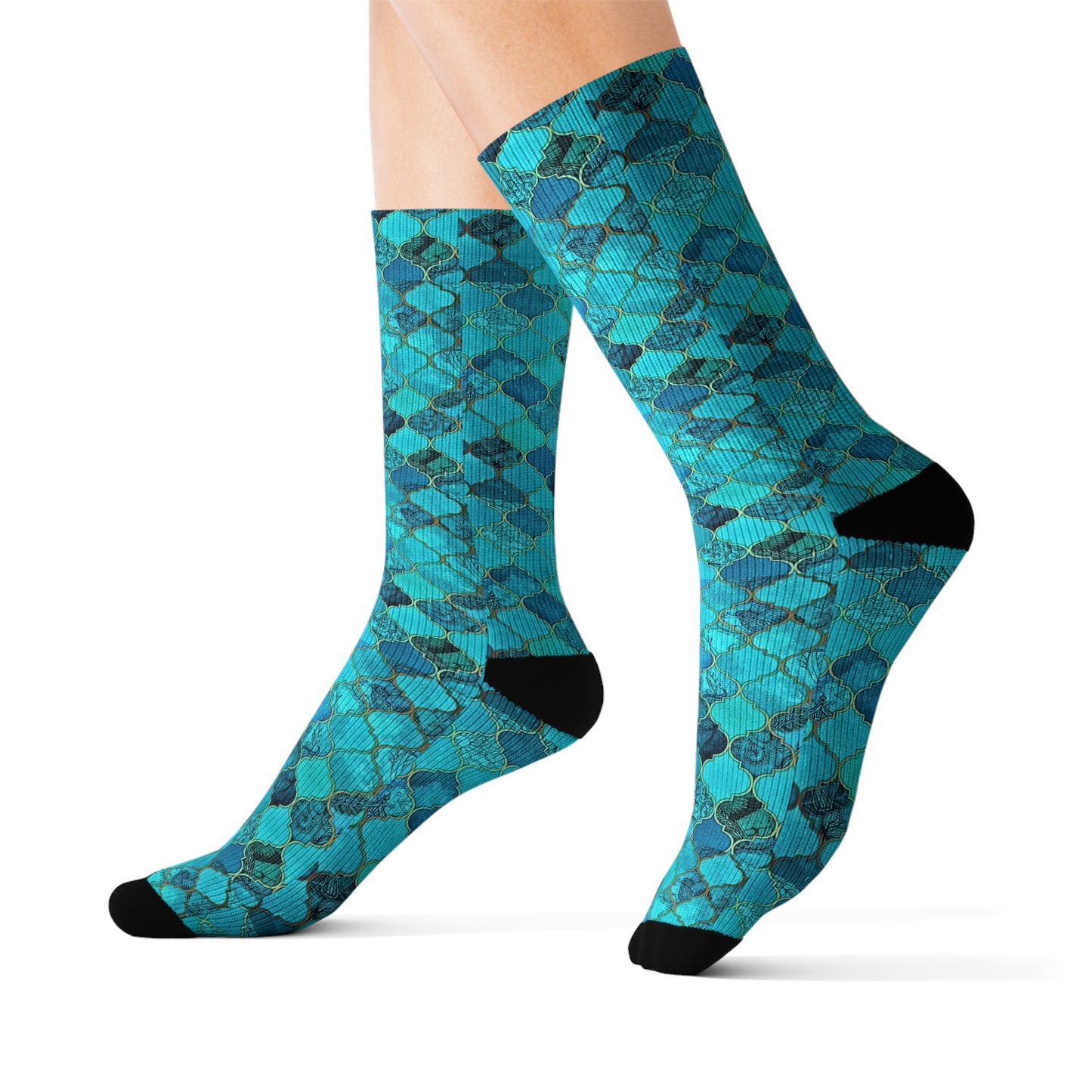 Teal and Turquoise Arabesque Tile Marrakech Moroccan Decorative Pattern Sublimation Socks