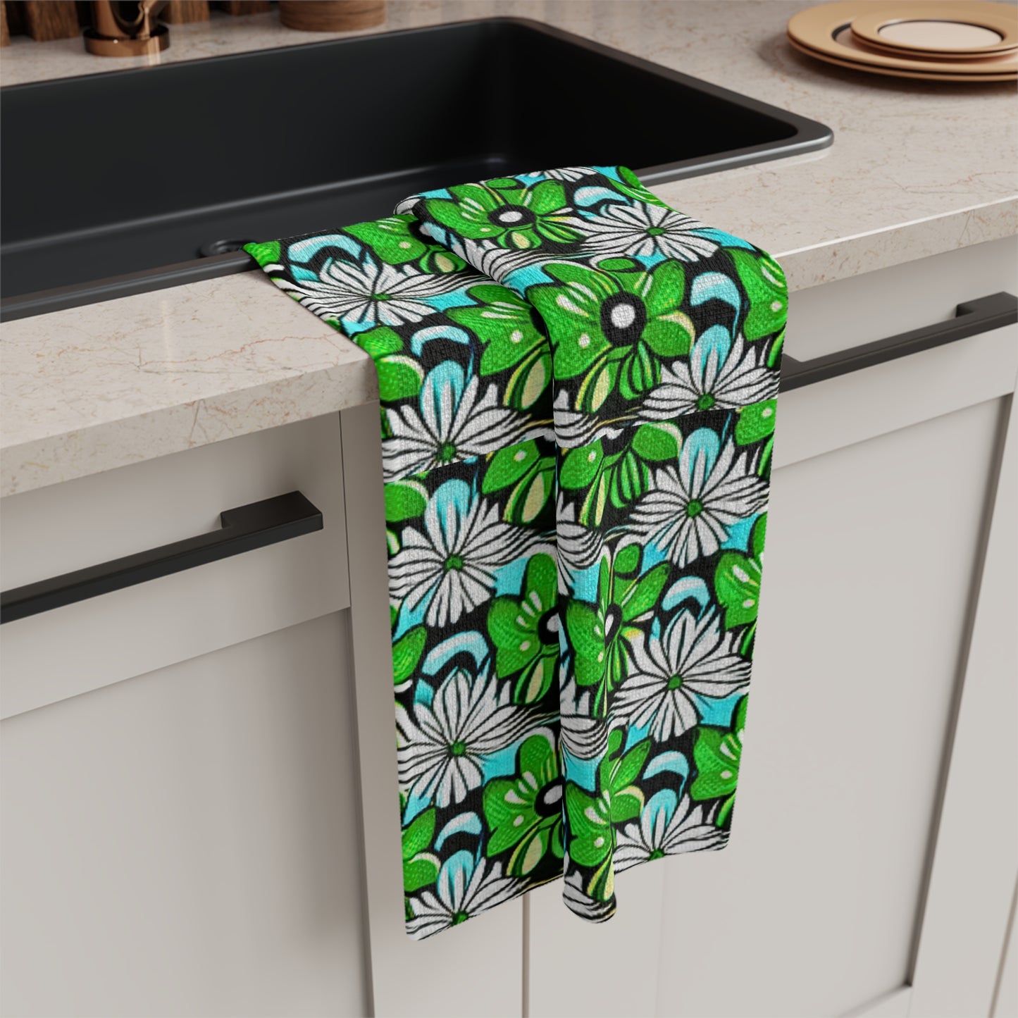 Green Mod Flowers Midcentury Modern Floral Pattern Kitchen Waffle Microfiber Tea Towel/Bar Towel