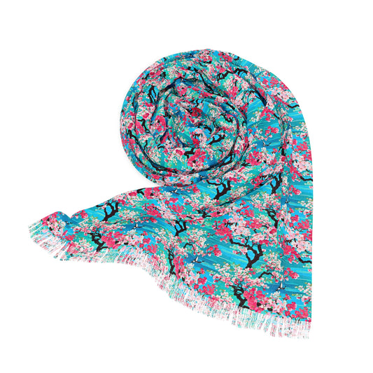 Turquoise Cherry Blossoms Japanese Kyoto Floral Decorative Fashion Light Scarf with Fringe