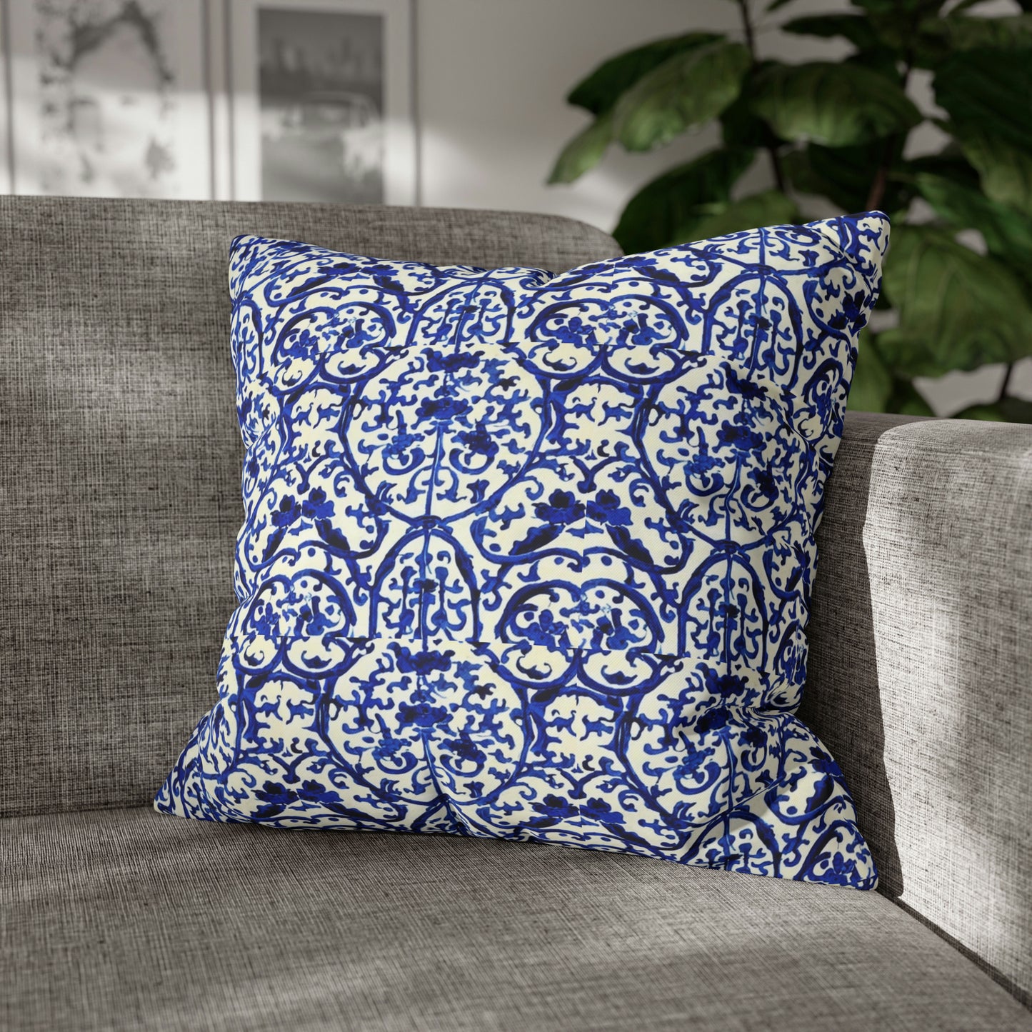 Portuguese Blue and White Tile Pattern Decorative Spun Polyester Pillow Cover