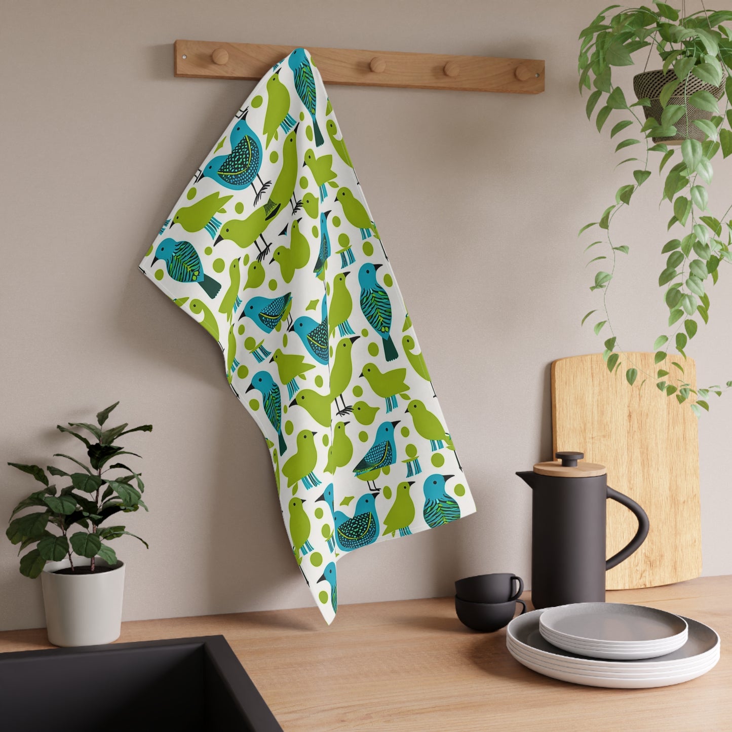 Springtime Birds in the Piazza Midcentury Modern Pattern Decorative Kitchen Tea Towel/Bar Towel