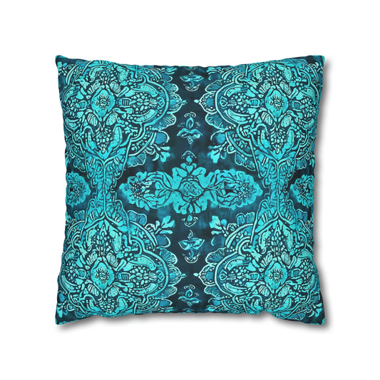 Teal Sumatran Water Garden Batik Square Poly Canvas Pillow Cover