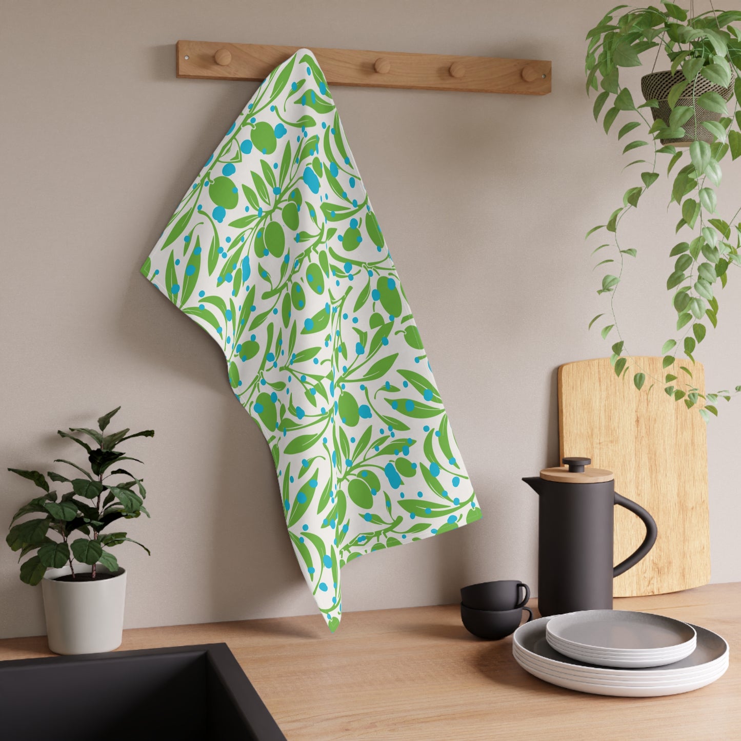 Olive Branches Midcentury Modern Green Blue Decorative Pattern Kitchen Tea Towel/Bar Towel