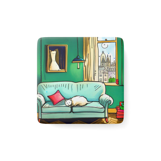 Kitty on Her Couch Decorative Refrigerator Porcelain Magnet, Square