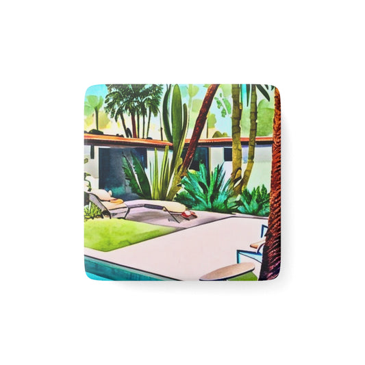 Palm Springs Hacienda Cactus Garden Poolside Refrigerator Kitchen Porcelain Magnet, Square
