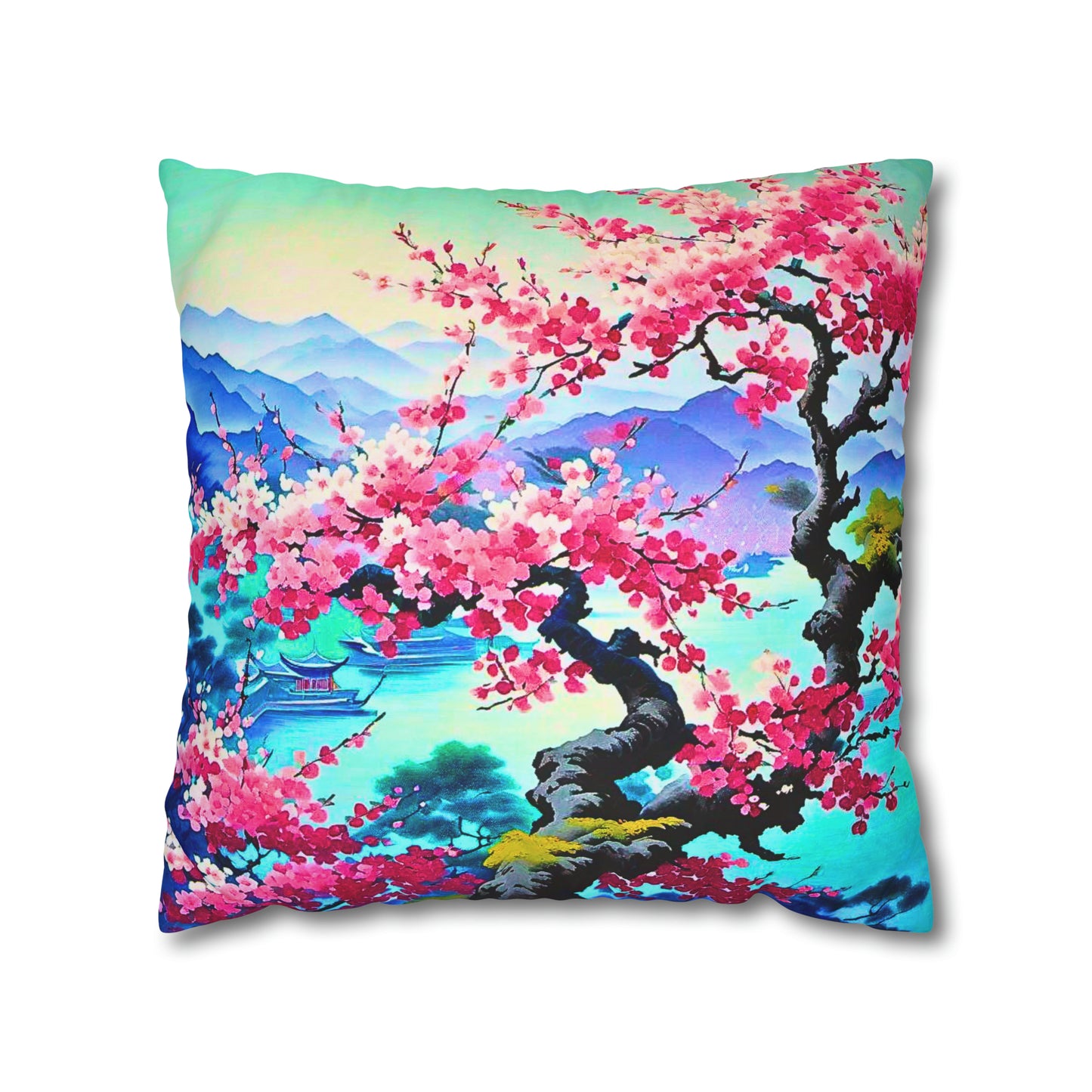 Japanese Mist Cherry Blossom Tree Dream Landscape Decorative Spun Polyester Pillow Cover