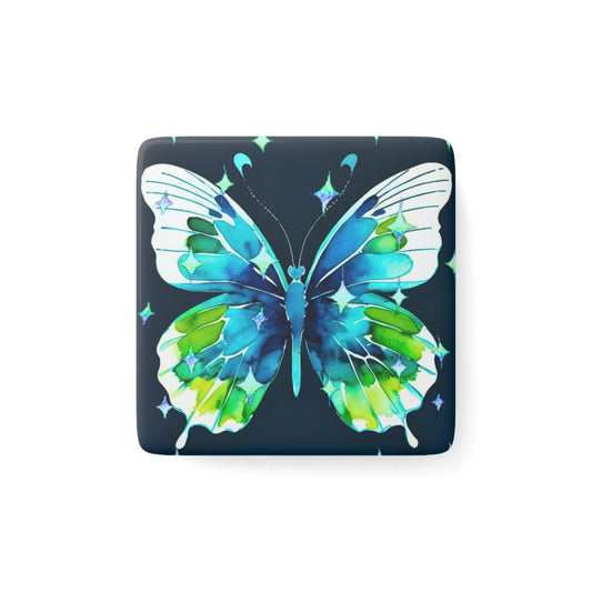 Twilight Awakening Blue Butterfly Watercolor Decorative Refrigerator Porcelain Magnet, Square