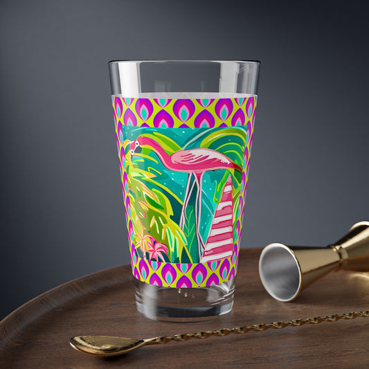 Coconut Grove Pink Florida Flamingo Tropical Hot Pink Midcentury Modern Cocktail Party Entertaining Holiday Mixing Glass, 16oz