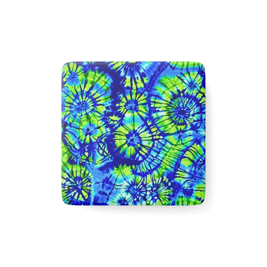 Tie Dye Beach Turquoise and Lime Green Pattern Kitchen Refrigerator Porcelain Magnet, Square