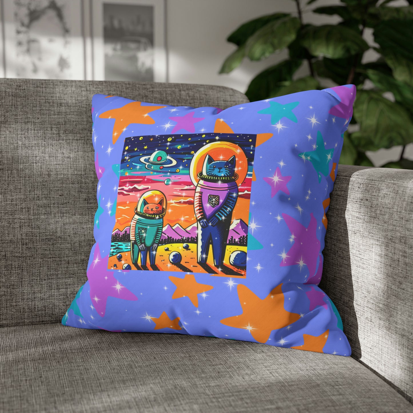 Sam and Rocky Mars Expedition Galaxy Outer Space Astronauts Children's Nursery Playroom Square Poly Canvas Pillow Cover