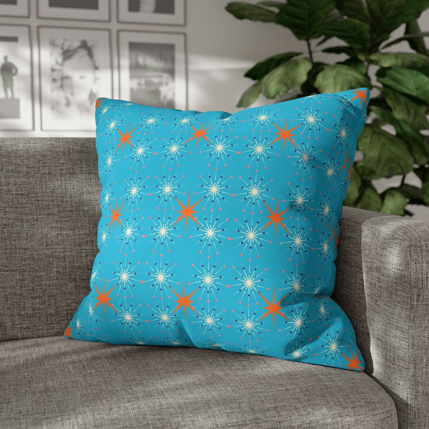 Midcentury Modern Atomic Stars Turquoise Pattern Decorative Spun Polyester Pillow Cover