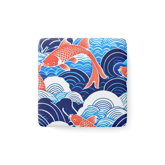 Dancing Koi Ocean Japanese Tropical Decorative Kitchen Refrigerator Porcelain Magnet, Square