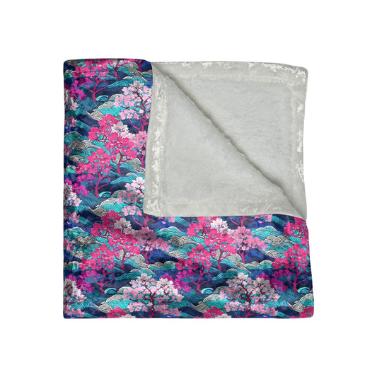 Kyoto Cherry Blossom Wood Block Pattern Japanese Crushed Velvet Blanket