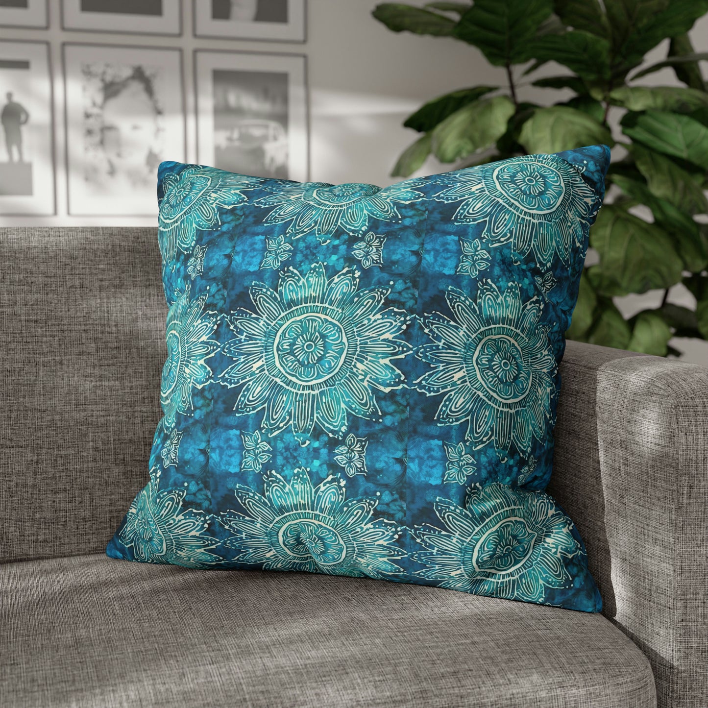 Teal Abundance Flower Batik Sumatra Decorative Square Poly Canvas Pillow Cover