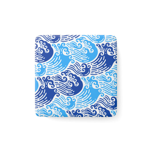 Ming Dynasty Waves Blue and White Chinese Woodblock Print Decorative Kitchen Refrigerator Porcelain Magnet, Square