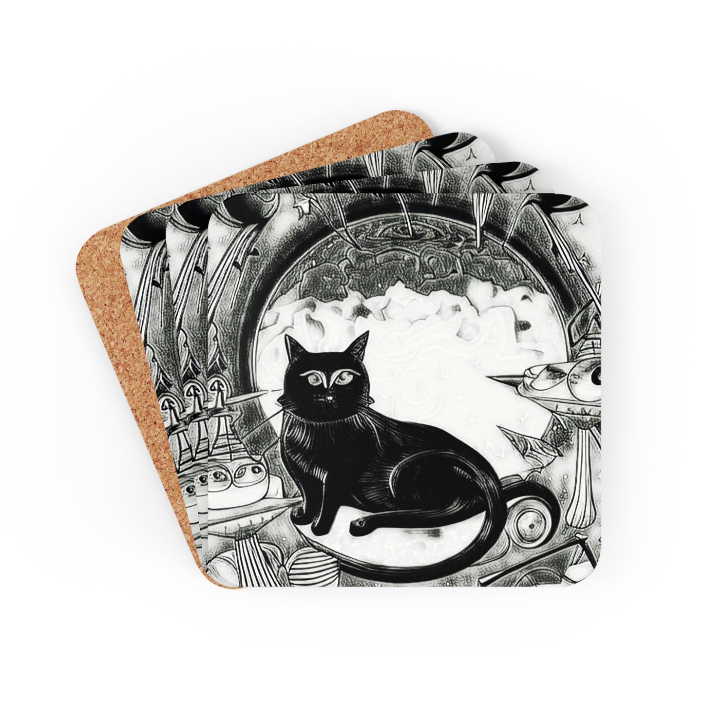 Space Cat Galaxy Universe Aliens Cocktail Party Beverage Entertaining Corkwood Coaster Set