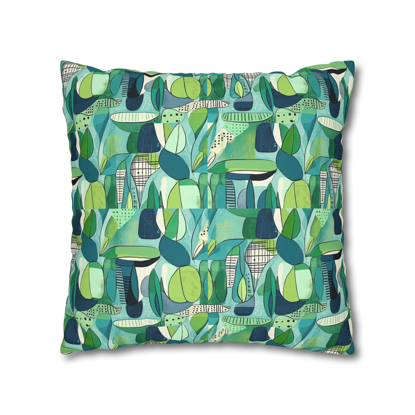 Cubist Midcentury Modern Garden Blue Green Pattern Vintage  Decorative Spun Polyester Pillow Cover