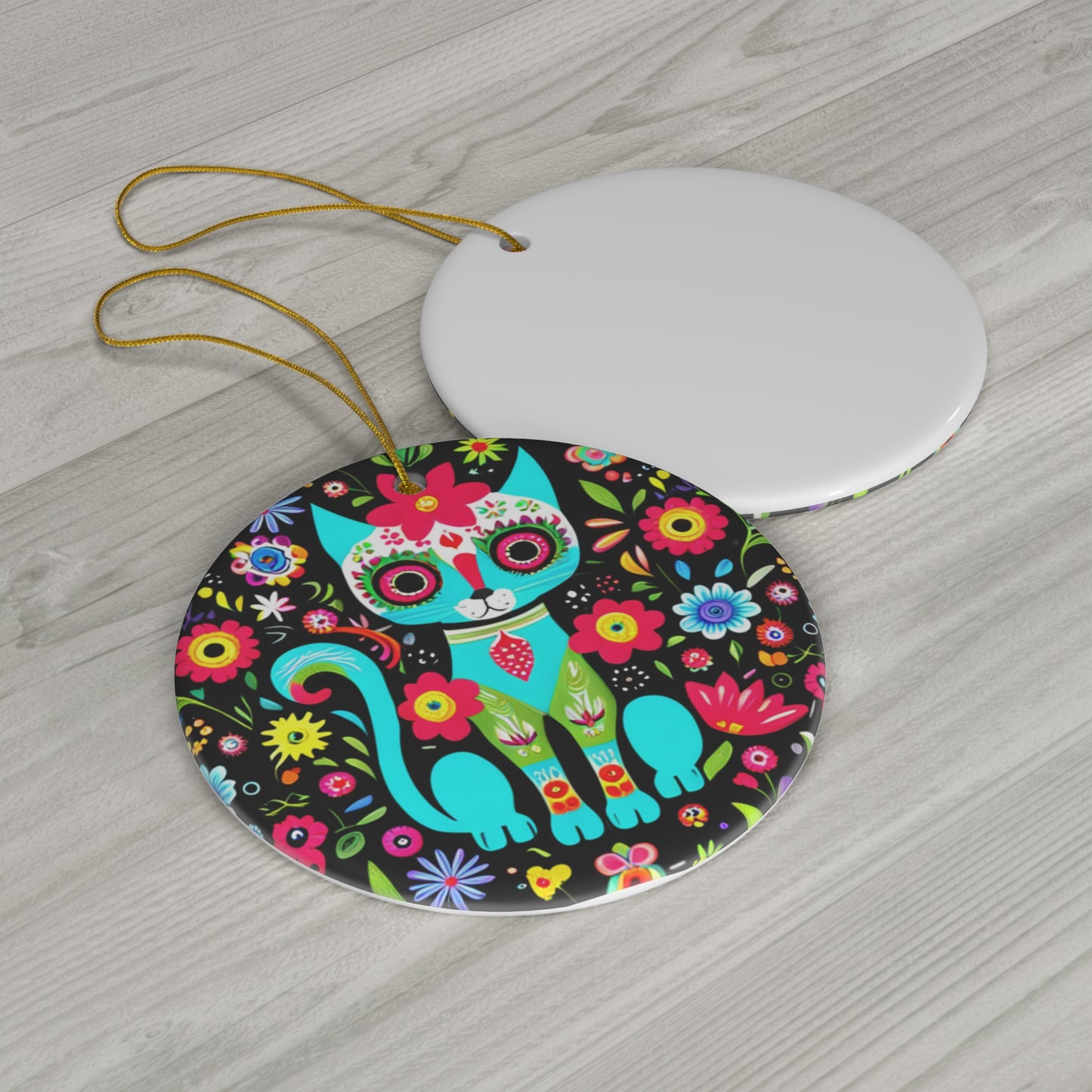 Festive Dia de los Muertos Kitty Cat Ceramic Ornament