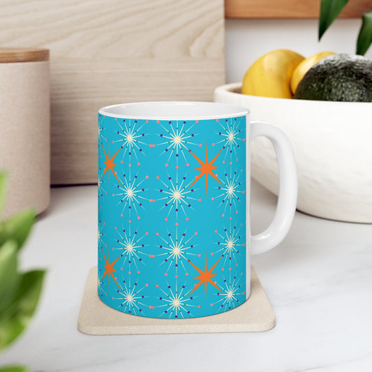 Midcentury Modern Atomic Stars Turquoise Pattern Hot Beverage Coffee Tea Decorative Ceramic Mug 11oz