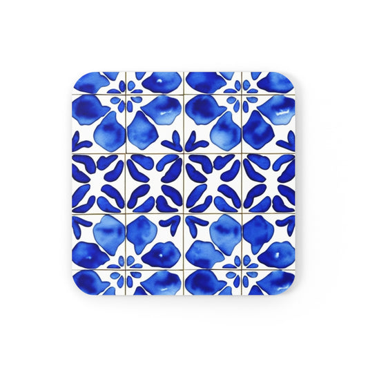 Italian Cucina Blue and White Watercolor Tile Pattern Decorative Cocktail Entertaining Corkwood Coaster Set