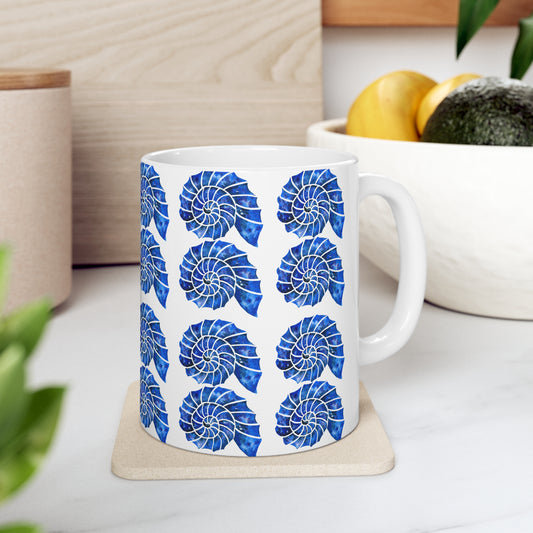 Blue and White Nautilus Shell Ocean Coastal Pattern Decorative Hot Beverage Coffee Tea Chia Ceramic Mug 11oz