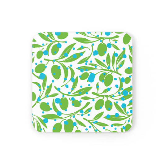 Olive Branches Midcentury Modern Green Blue Decorative Pattern Cocktail Party Entertaining Corkwood Coaster Set