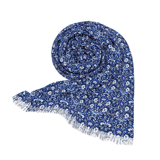 Morning Glory Blue and White Batik Watercolor Floral Vines Fashion Light Scarf with Fringe