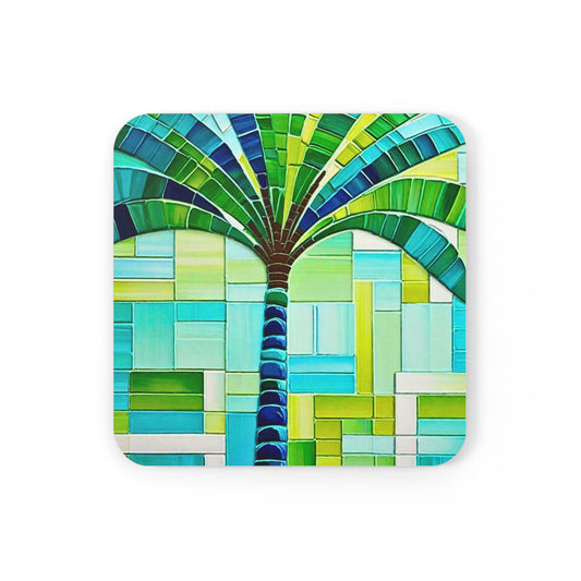 Turks and Caicos Island Palm Tree Mosaic Cocktail Beverage Entertaining  Outdoor Patio Corkwood Coaster Set