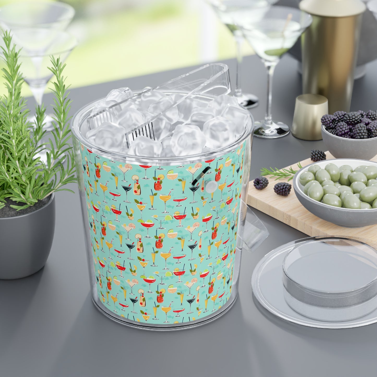 Seaside Coastal Cocktails Midcentury Modern Pattern Entertaining Party Ice Bucket with Tongs