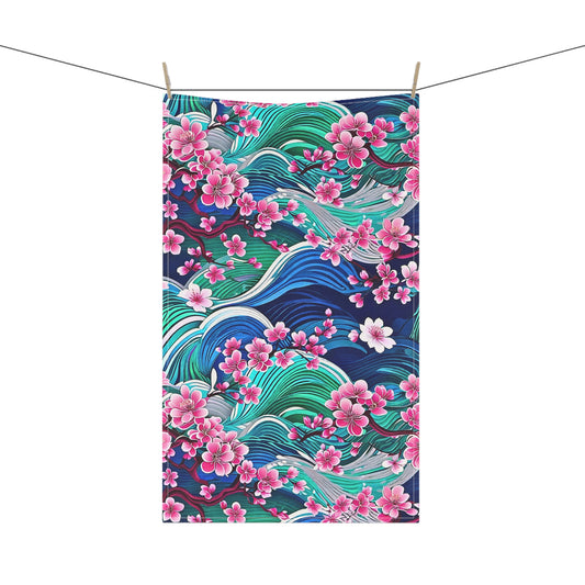 Japanese Mountains Cherry Blossoms Woodblock Pattern Decorative Kitchen Tea Towel/Bar Towel