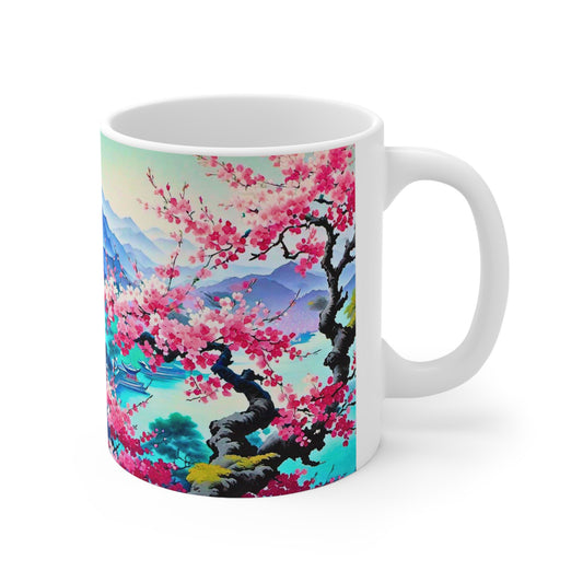 Japanese Mist Cherry Blossom Tree Dream Landscape Asian Hot Cold Coffee Tee Beverage Entertaining Home Decor Ceramic Mug 11oz
